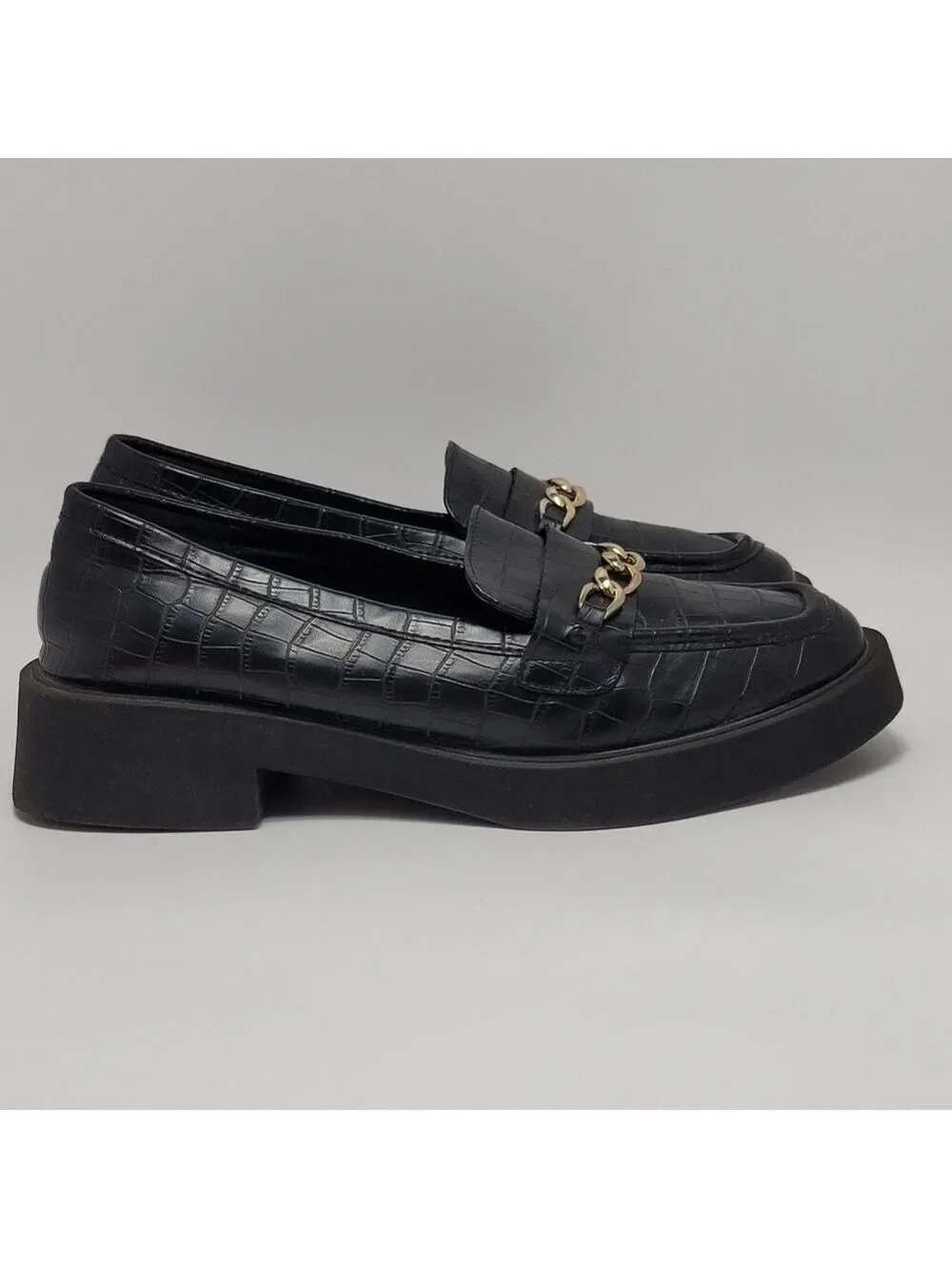 Reaction Kenneth Cole Sienna Lug Black Loafers Shoes With Chain Size 9